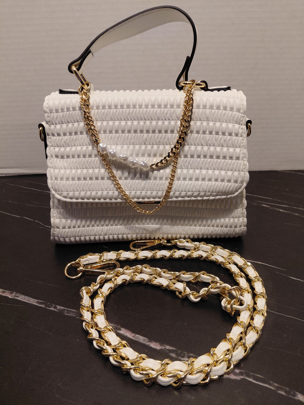Aldo White Quilted Crossbody with Gold Chain & Pearl Accent